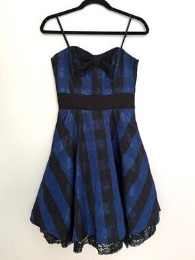 Betsey Johnson Blue Black Plaid Lace Bow Fit Flare Dress Y2K Coquette Striped